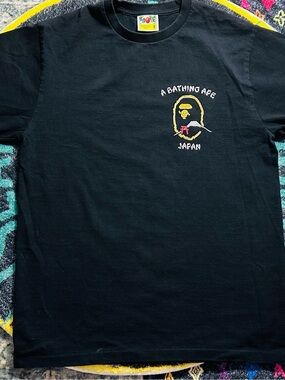 Bape Black Short-Sleeve Ape Logo Tee with Yellow & Red Accent